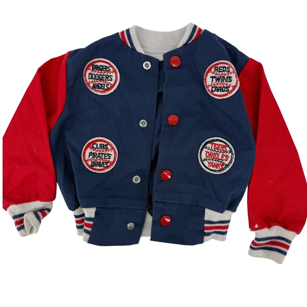 Vintage Kids MLB Baseball Varsity Bomber Jacket Navy Red Snap Front Patches